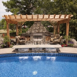Swimming Pool with Sheer Descent, Fireplace and Pergola