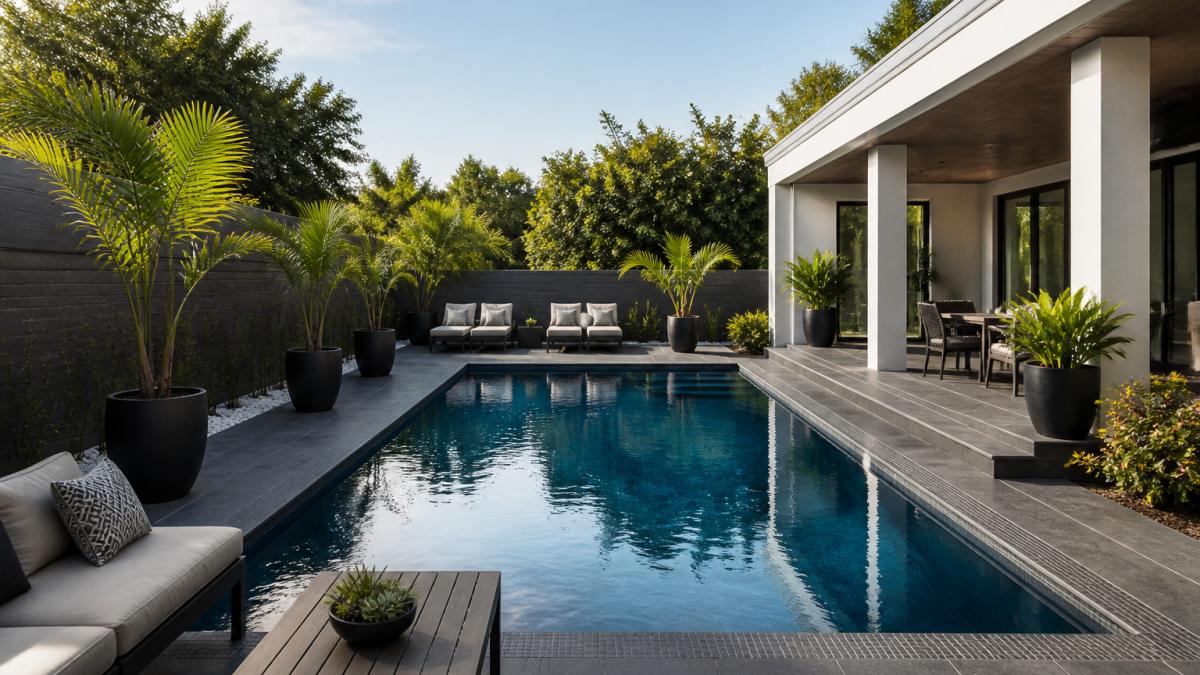 Luxury modern backyard with geometric rectangular pool featuring dark tile decking, contemporary lounge seating, potted palms, and minimalist landscaping under afternoon sunlight