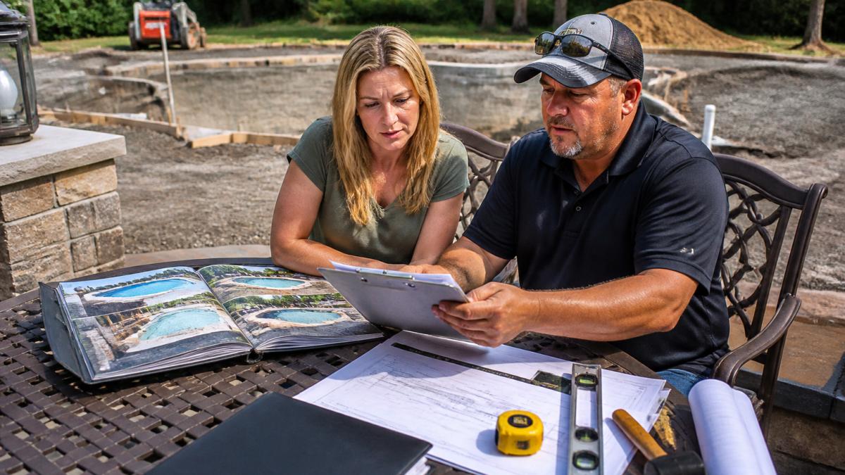 A homeowner and a pool contractor reviewing license documents and a project portfolio together at a backyard patio table, with a partially built swimming pool visible in the background