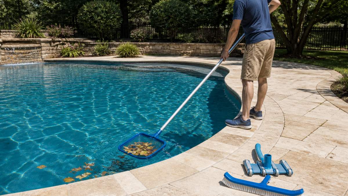 A homeowner in casual clothes using a long-handled pool skimmer to clear leaves from a backyard pool on a sunny morning, with a brush and vacuum head resting on the deck nearby